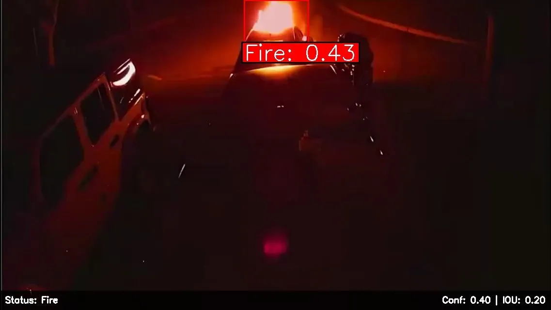 Nigahban AI fire detection at night - 43% confidence